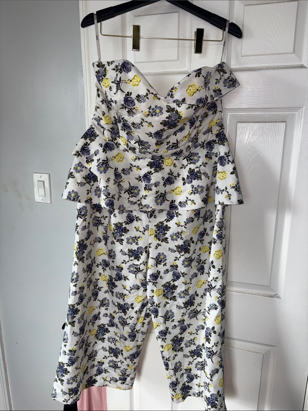 ASOS White Strapless Floral Jumpsuit with Yellow & Navy Print